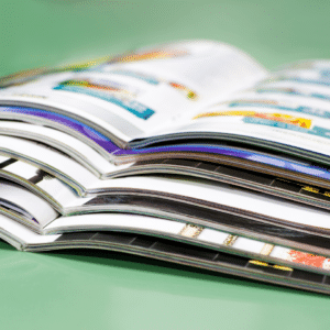 Brochure promozionali impilate con pagine lucide aperte su sfondo verde per catalogo prodotto e marketing aziendale