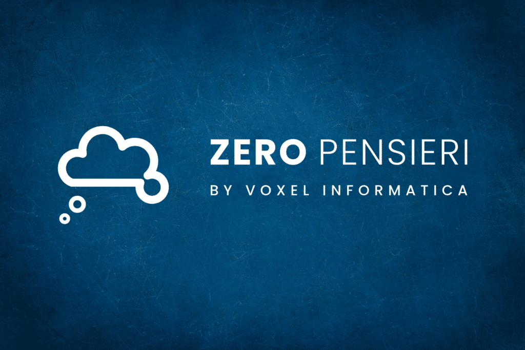 Logo bianco su sfondo blu con icona nuvola e testo "ZERO PENSIERI by Voxel Informatica" per branding e logotipia