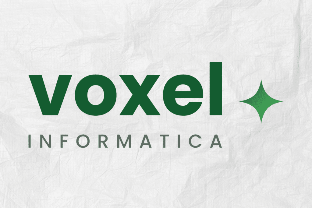 Logo Voxel Informatica verde su carta stropicciata con simbolo a stella, immagine per sviluppo logotopie e branding