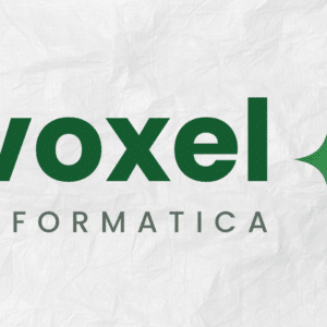 Logo Voxel Informatica verde su carta stropicciata con simbolo a stella, immagine per sviluppo logotopie e branding