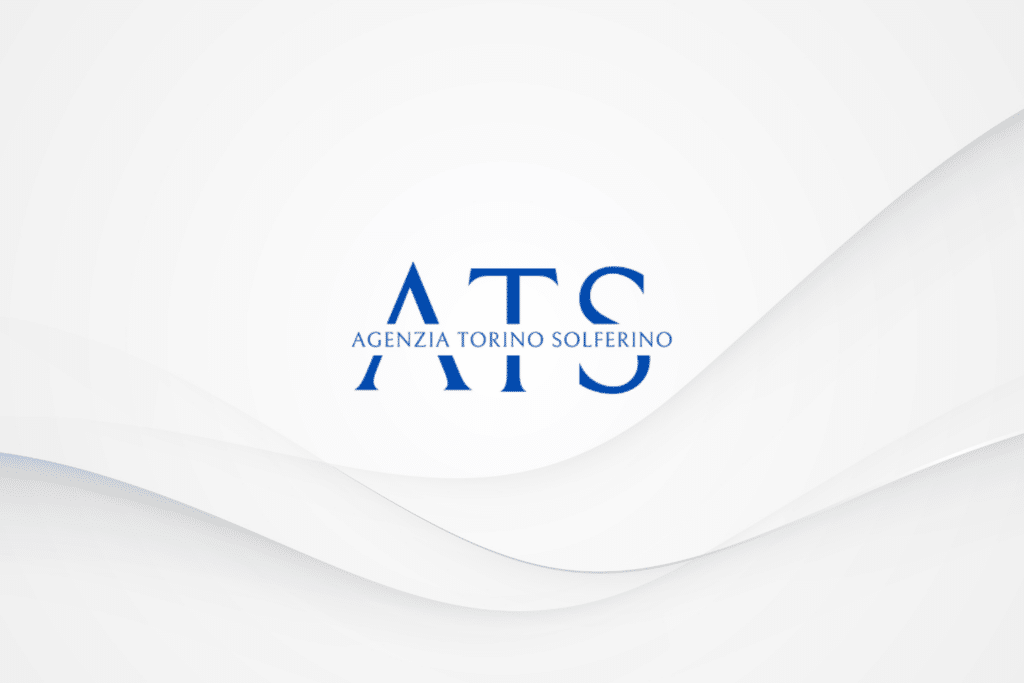 Blue ATS serif logo with "Agenzia Torino Solferino" on a white layered background for branding e sviluppo logotopie