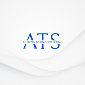 Blue ATS serif logo with "Agenzia Torino Solferino" on a white layered background for branding e sviluppo logotopie