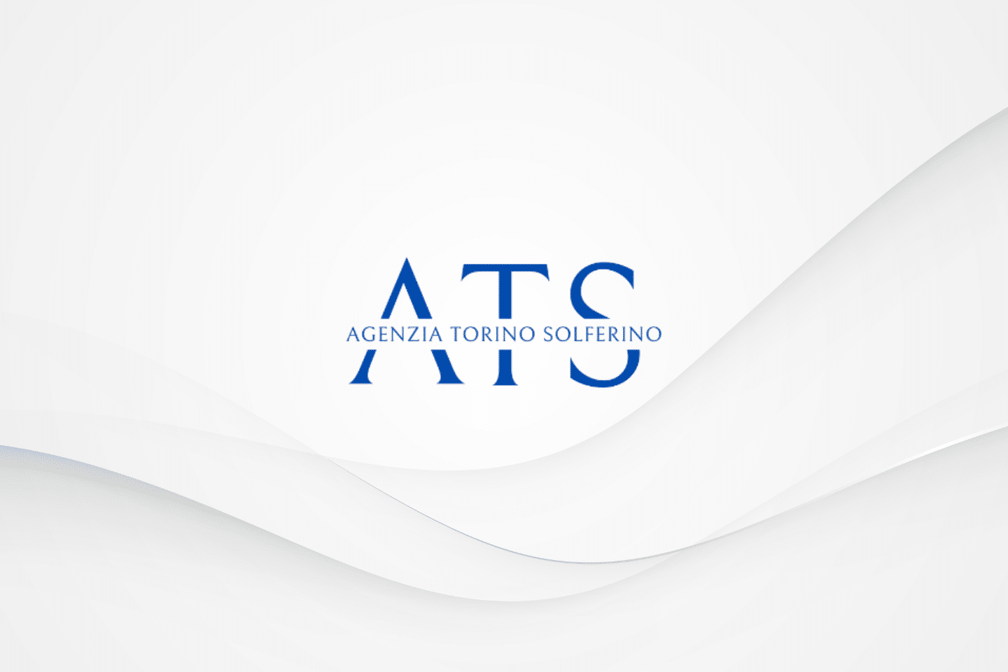 Blue ATS serif logo with "Agenzia Torino Solferino" on a white layered background for branding e sviluppo logotopie