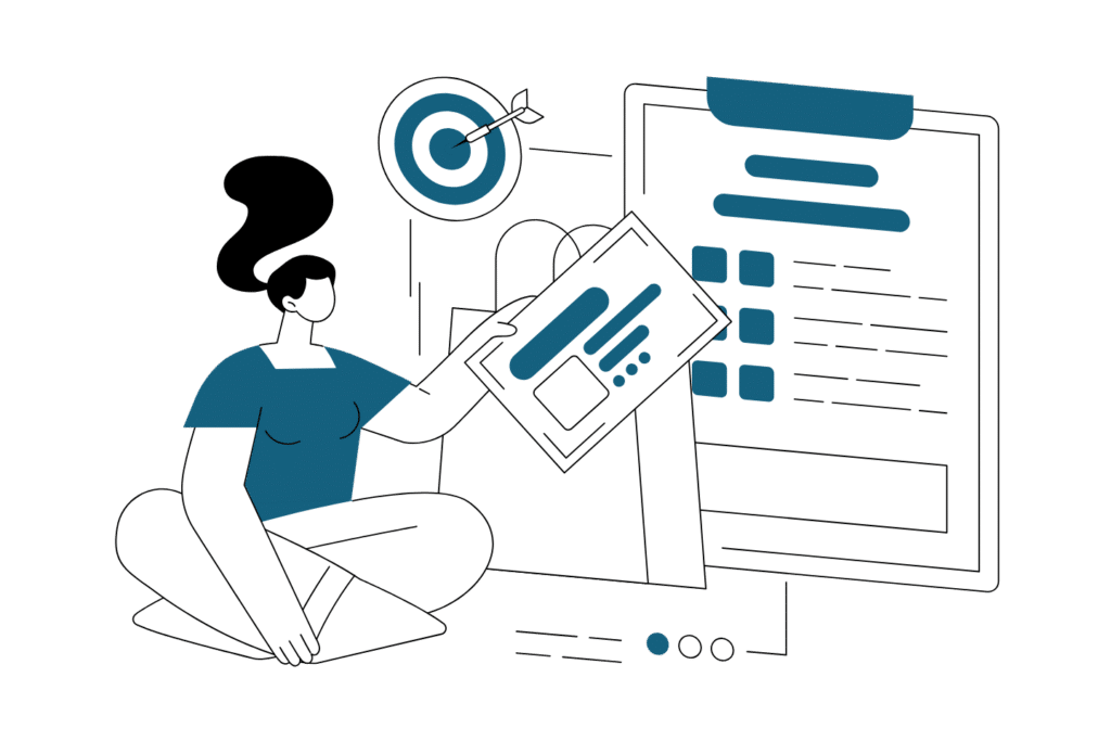 Illustrazione branding e sviluppo logotopie con designer che tiene mockup logo davanti a bacheca progetto e bersaglio