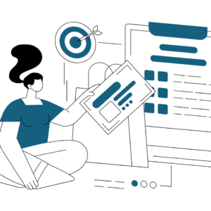 Illustrazione branding e sviluppo logotopie con designer che tiene mockup logo davanti a bacheca progetto e bersaglio