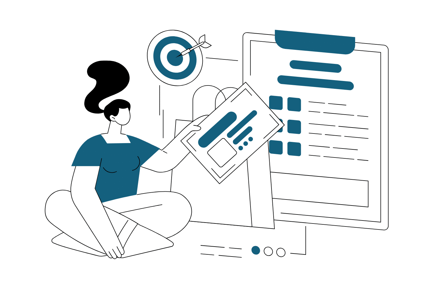 Illustrazione branding e sviluppo logotopie con designer che tiene mockup logo davanti a bacheca progetto e bersaglio